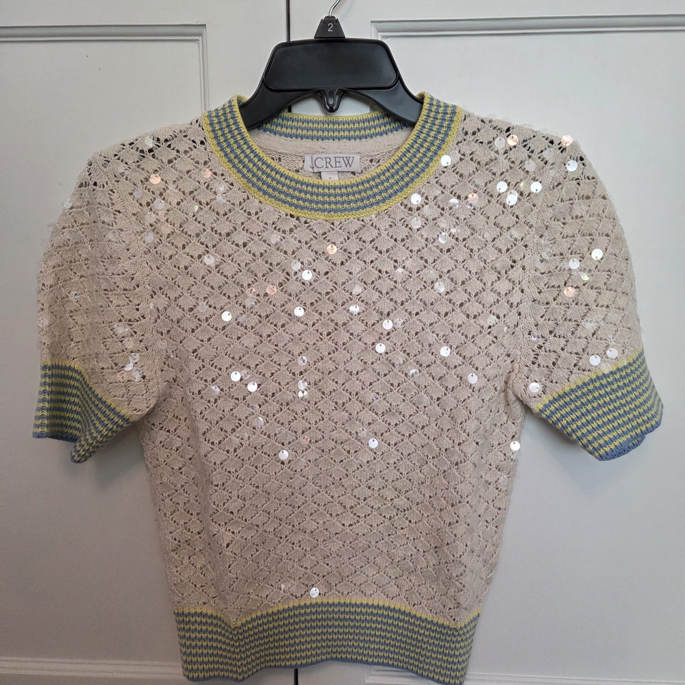 J. Crew Sequin Pointelle  Sweater Tee With Striped Trim